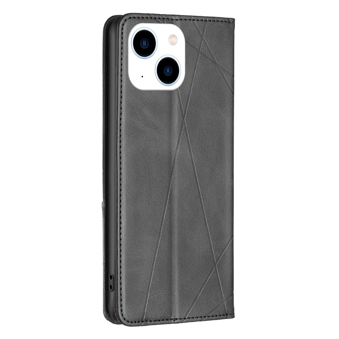 Uniqkart for iPhone 15 Card Holder Shell Imprinted Line Cell Phone Case Stand Leather Phone Cover - Black Uniqkart for iPhone 15 Card Holder Shell Imprinted Line Cell Phone Case Stand Leather Phone Cover - Black